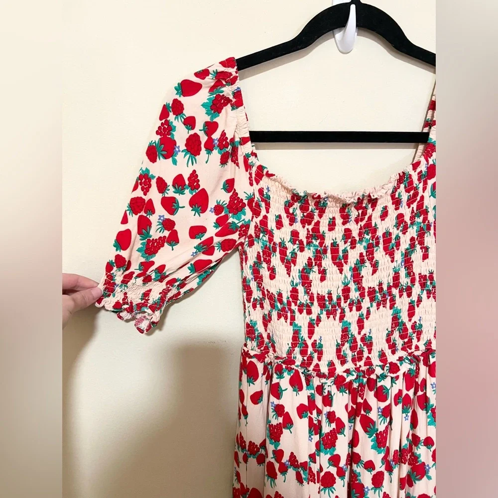 Betsey Johnson Dress XS Strawberry Fields Smocked Tiered Red Pink Cottage - Picture 4 of 12